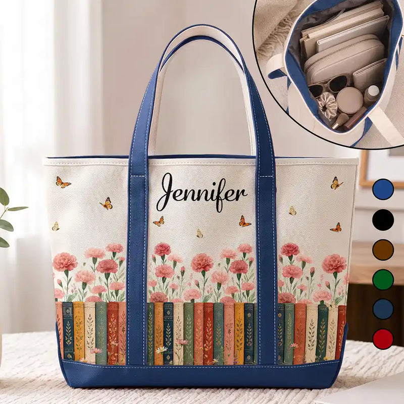 Reading,Gift For Yourself,Gift For Women,Icon,Happy - Bookshelf Flower Garden Woman Name - Personalized Fabric Tote Bag