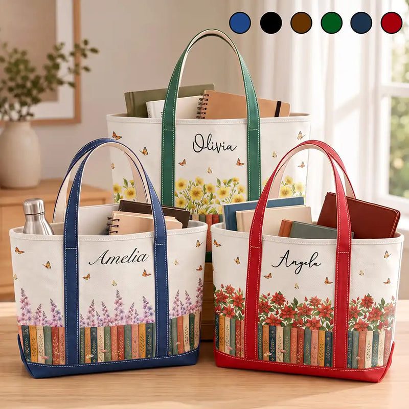Reading,Gift For Yourself,Gift For Women,Icon,Happy - Bookshelf Flower Garden Woman Name - Personalized Fabric Tote Bag