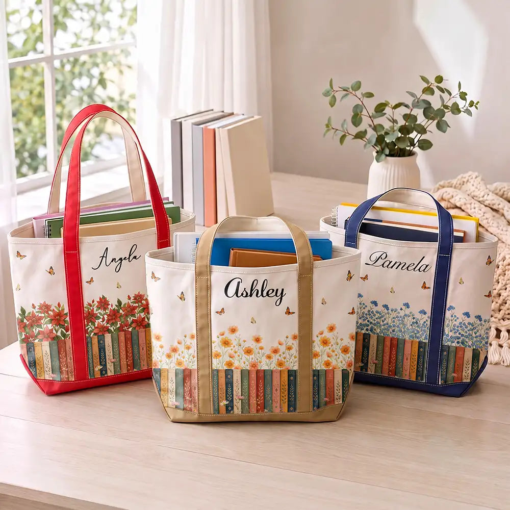 Reading,Gift For Yourself,Gift For Women,Icon,Happy - Bookshelf Flower Garden Woman Name - Personalized Fabric Tote Bag