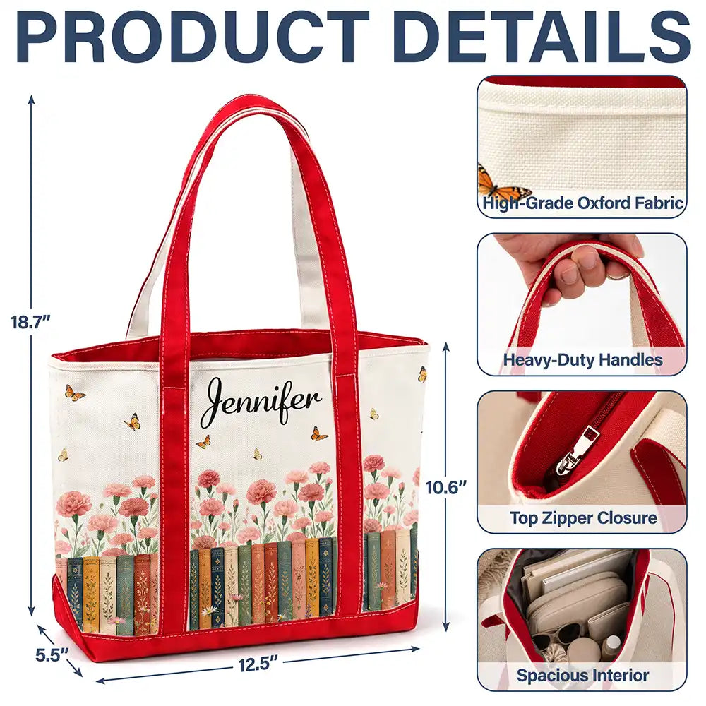Reading,Gift For Yourself,Gift For Women,Icon,Happy - Bookshelf Flower Garden Woman Name - Personalized Fabric Tote Bag