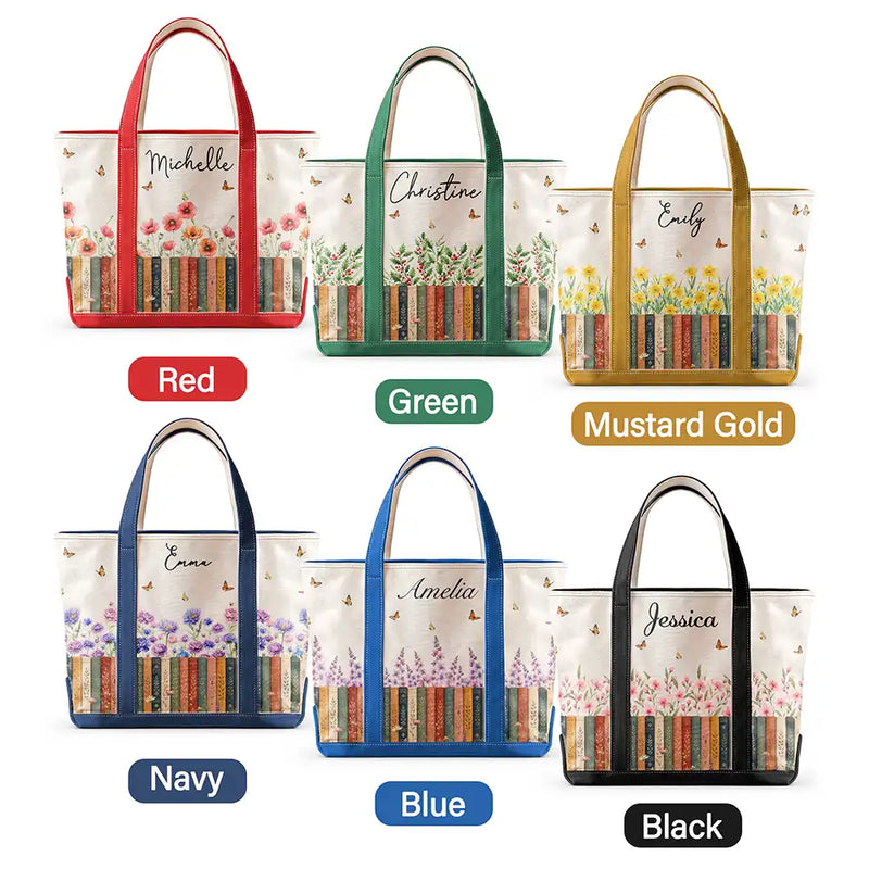 Reading,Gift For Yourself,Gift For Women,Icon,Happy - Bookshelf Flower Garden Woman Name - Personalized Fabric Tote Bag