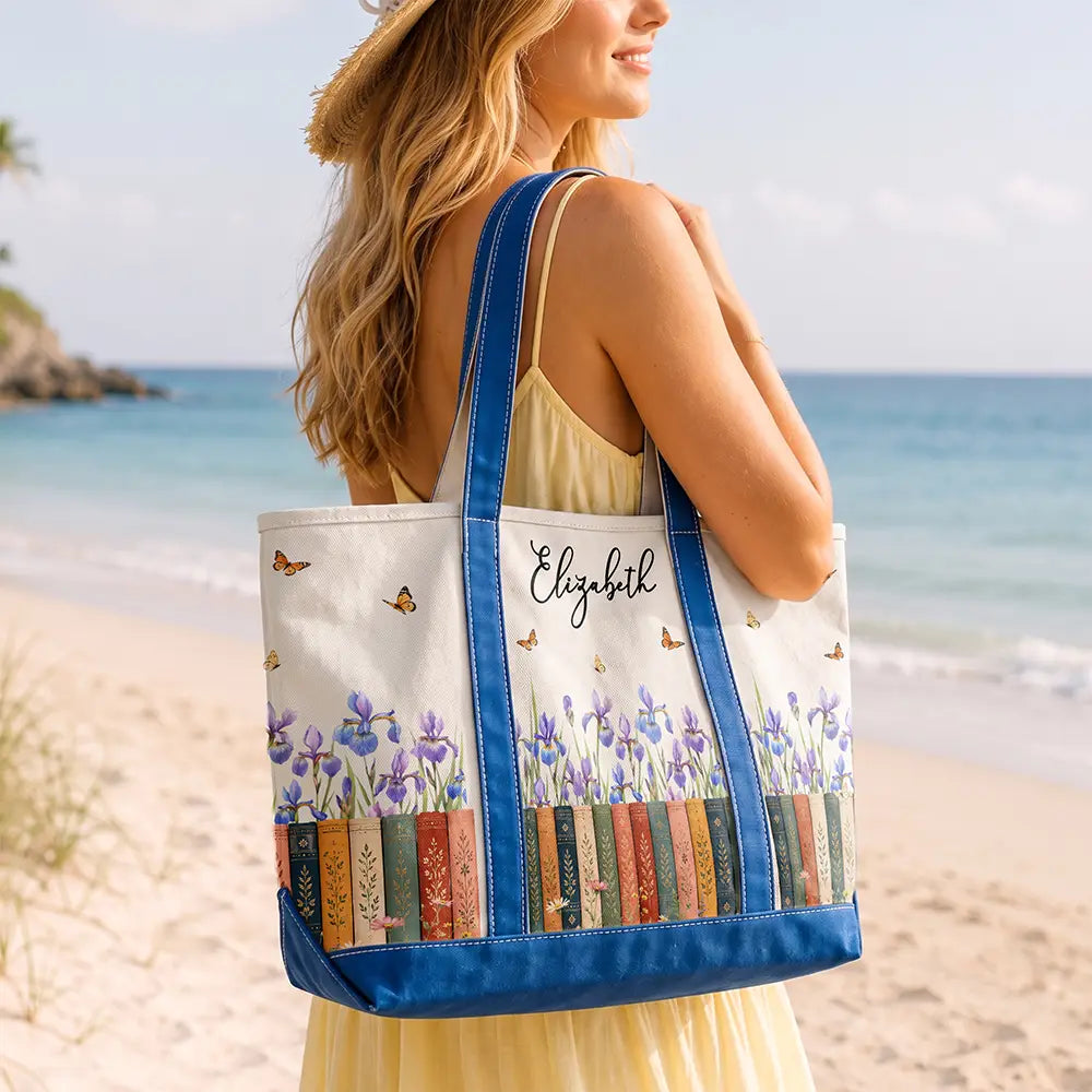 Reading,Gift For Yourself,Gift For Women,Icon,Happy - Bookshelf Flower Garden Woman Name - Personalized Fabric Tote Bag