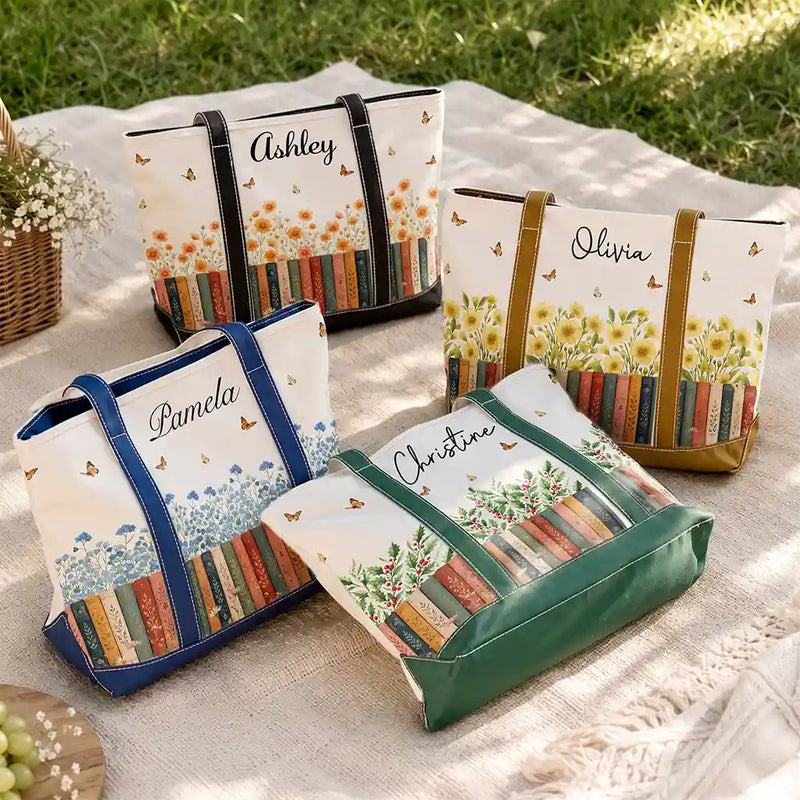 Reading,Gift For Yourself,Gift For Women,Icon,Happy - Bookshelf Flower Garden Woman Name - Personalized Fabric Tote Bag