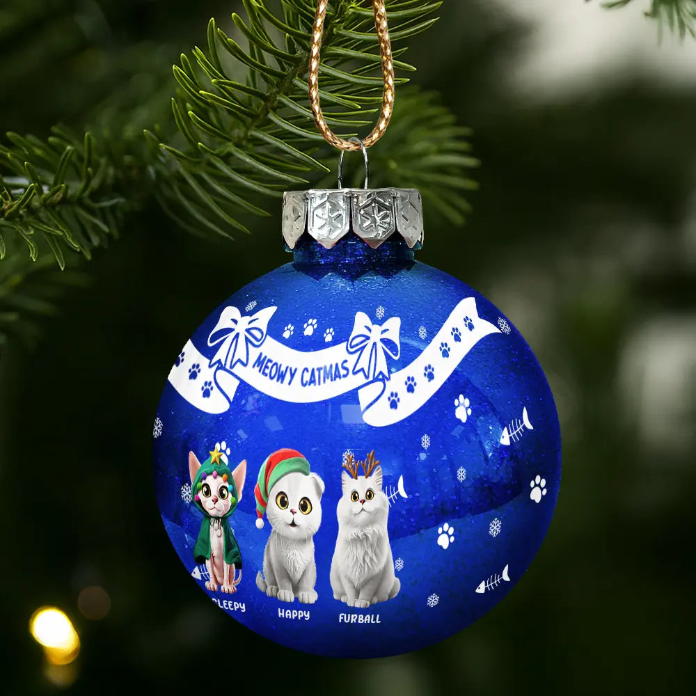 Christmas,Cat Lovers - Bowknots Meowy Catmas - Personalized Ball Ornament