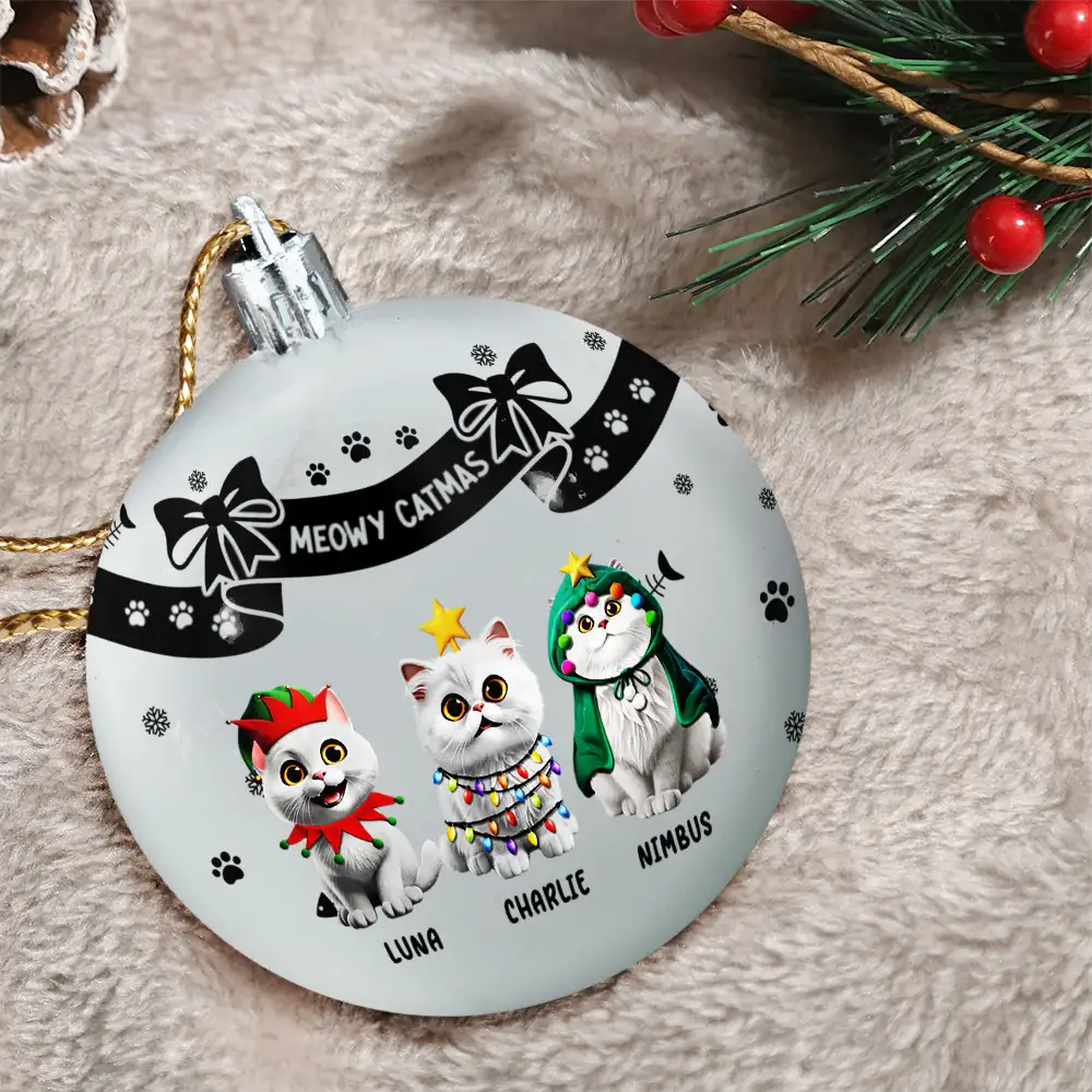 Christmas,Cat Lovers - Bowknots Meowy Catmas - Personalized Ball Ornament