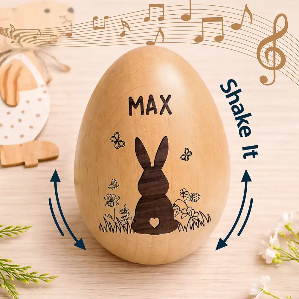 Gift For Kids,Grandma - Grandkids,Gift For Grandkids,Dad - Children,Mom - Children,Easter,Happy - Bunny With Spring Flowers - Personalized Musical Wooden Easter Egg Shaker