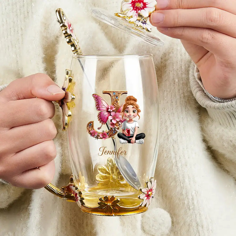 Gift For Yourself,Gift For Women,Happy,Gift For Mother,Gift For Grandma - Butterfly Monogram With 3D Effect Woman - Personalized Glass Flower Tea Cup