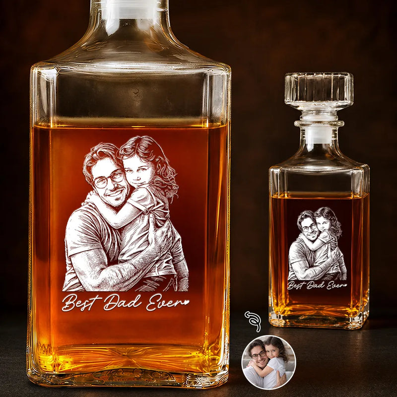 Gift For Father,Gift For Grandpa,Non-Eng,Photo - Pencil Sketch (Dark BG),Proud - Custom Photo White Pencil Sketch Art Best Dad Grandpa Ever Family Portrait - Personalized Square Whiskey Bottle
