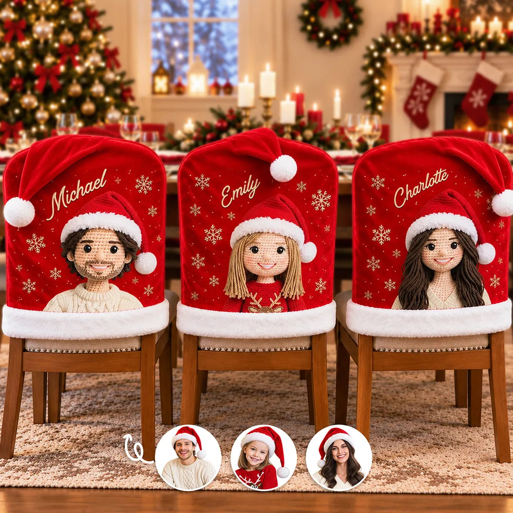 Christmas Table Decor Gift For Family - Personalized Custom Photo Crochet Effect Chair Cover