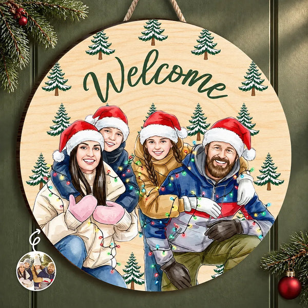 Art Design,Christmas,Custom Photo,Family,Happy,Photo - Portrait With Santa Hat & Christmas Lights - Christmas Decor Gift For Family - Personalized Custom Photo Watercolor Welcome Wood Sign