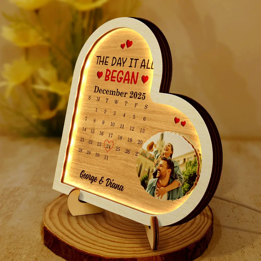 Gift For Couples,Gift For Husband,Gift For Wife,Gift For Girlfriend,LGBT,Love - Custom Photo Calendar The Day It All Began - Personalized LED Light Wooden Plaque