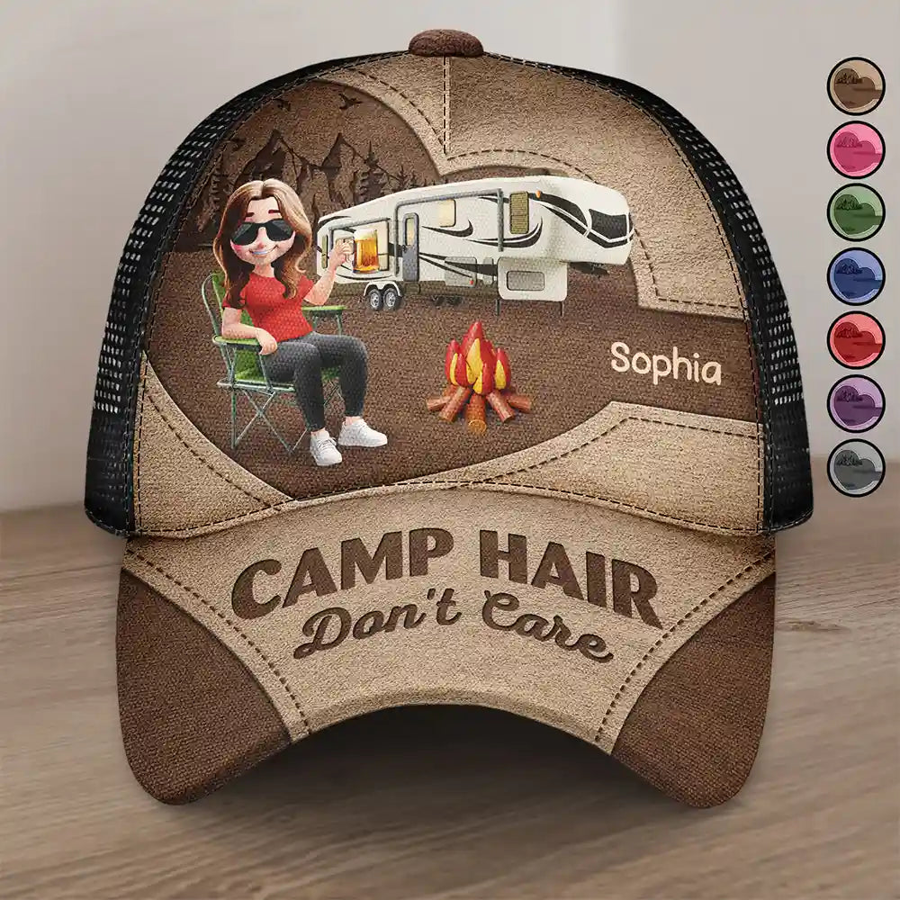 Camping,Campsite,Gift For Yourself,Gift For Women,Gift For Wife,Gift For Mother,Gift For Girlfriend,Happy,Gift For Men - Camp Hair Don't Care Camping - Personalized Mesh-back Casual Cap
