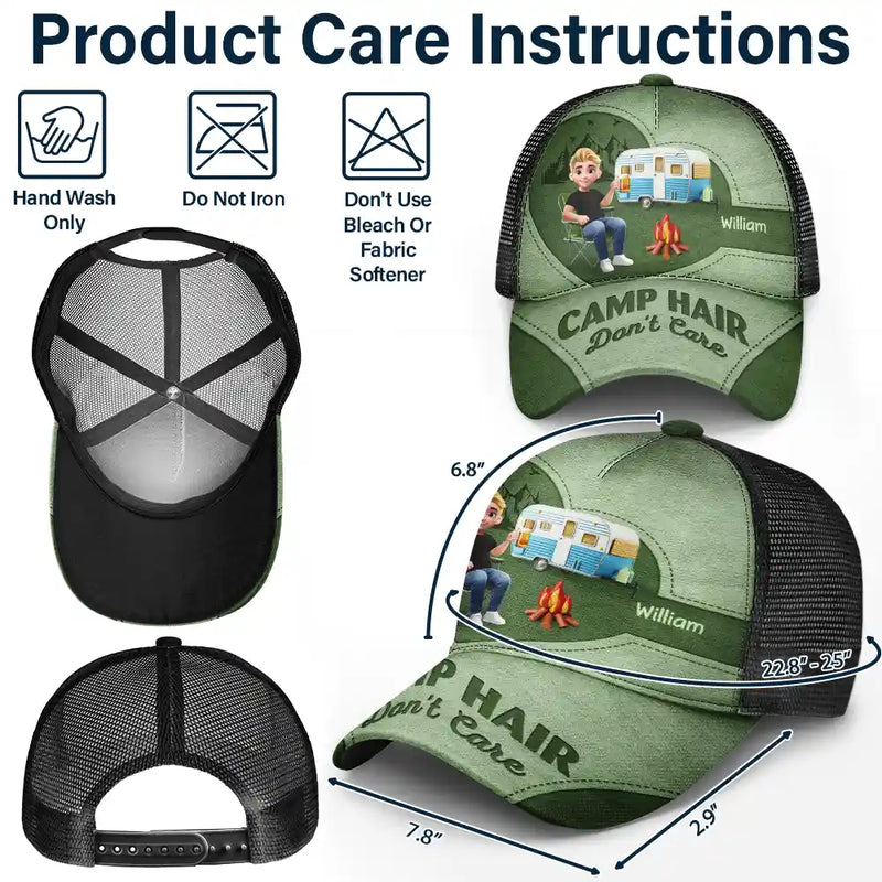 Camping,Campsite,Gift For Yourself,Gift For Women,Gift For Wife,Gift For Mother,Gift For Girlfriend,Happy,Gift For Men - Camp Hair Don't Care Camping - Personalized Mesh-back Casual Cap
