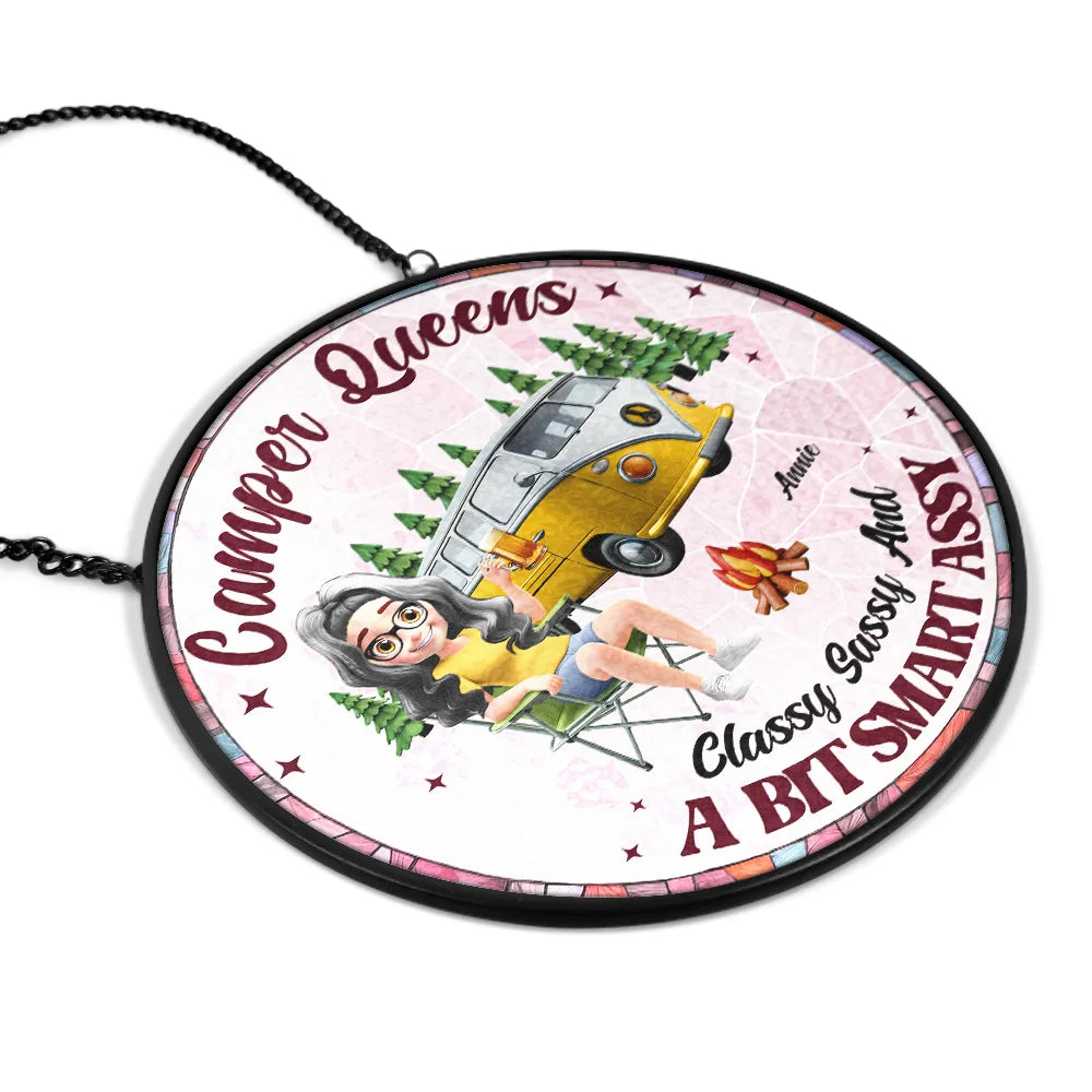 Gift For Yourself,Gift For Women,Happy,Camping - Camper Queen Classy Sassy - Personalized Stained Glass Window Hanging Suncatcher