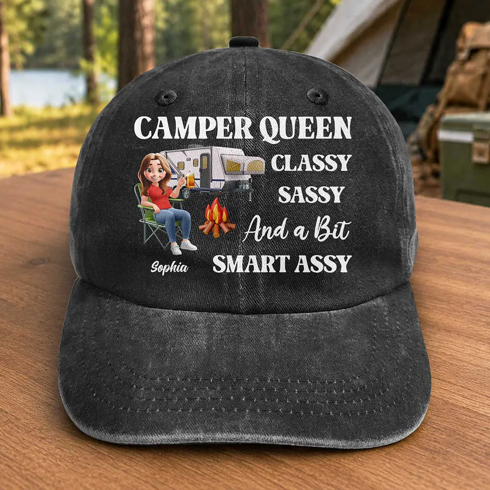 Camper Queen Classy Sassy - Personalized Vintage Washed Denim Cap