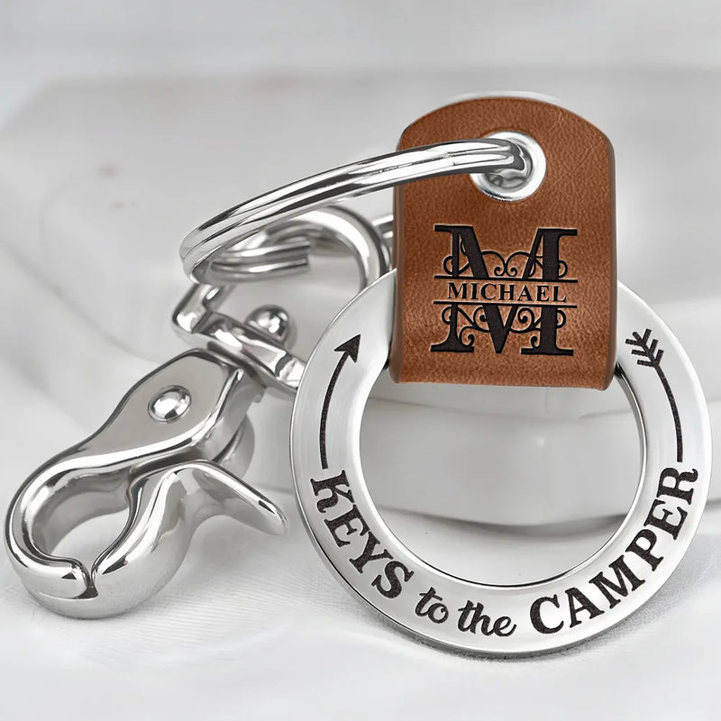 Gift For Father, Gift For Husband, Camping, Campsite, Funny - Camping Dad Mom Keys To The Camper Monogram Initial - Personalized Leather Coordinates Keychain