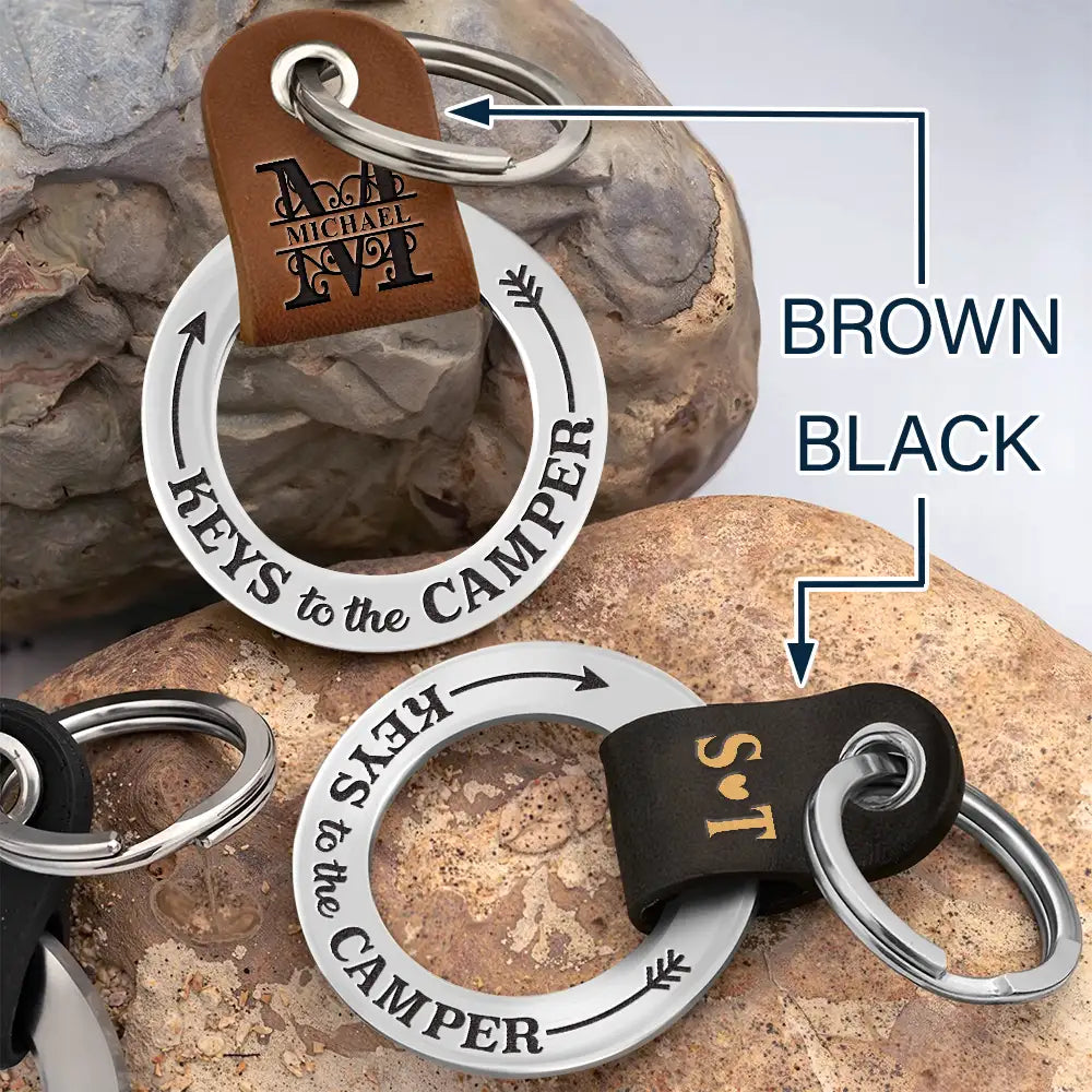 Gift For Father, Gift For Husband, Camping, Campsite, Funny - Camping Dad Mom Keys To The Camper Monogram Initial - Personalized Leather Coordinates Keychain
