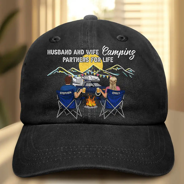 Camping,Campsite,Gift For Couples,Happy,Gift For Husband,Gift For Girlfriend,Gift For Boyfriend,Gift For Wife - Camping Partners For Life - Personalized Vintage Washed Denim Cap