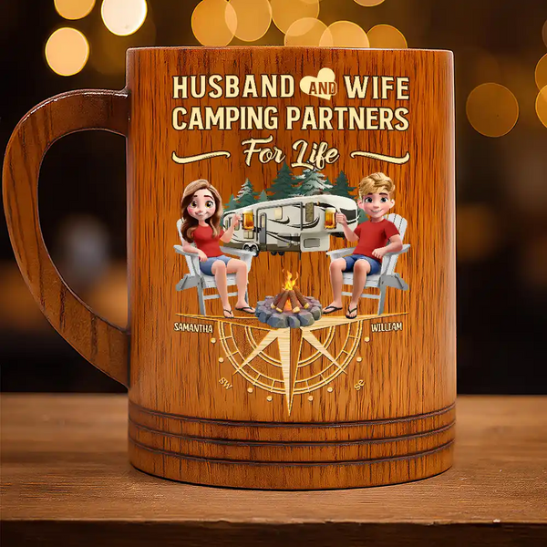 Camping,Campsite,Gift For Couples,Happy - Camping Partners For Life - Personalized Wooden Mug