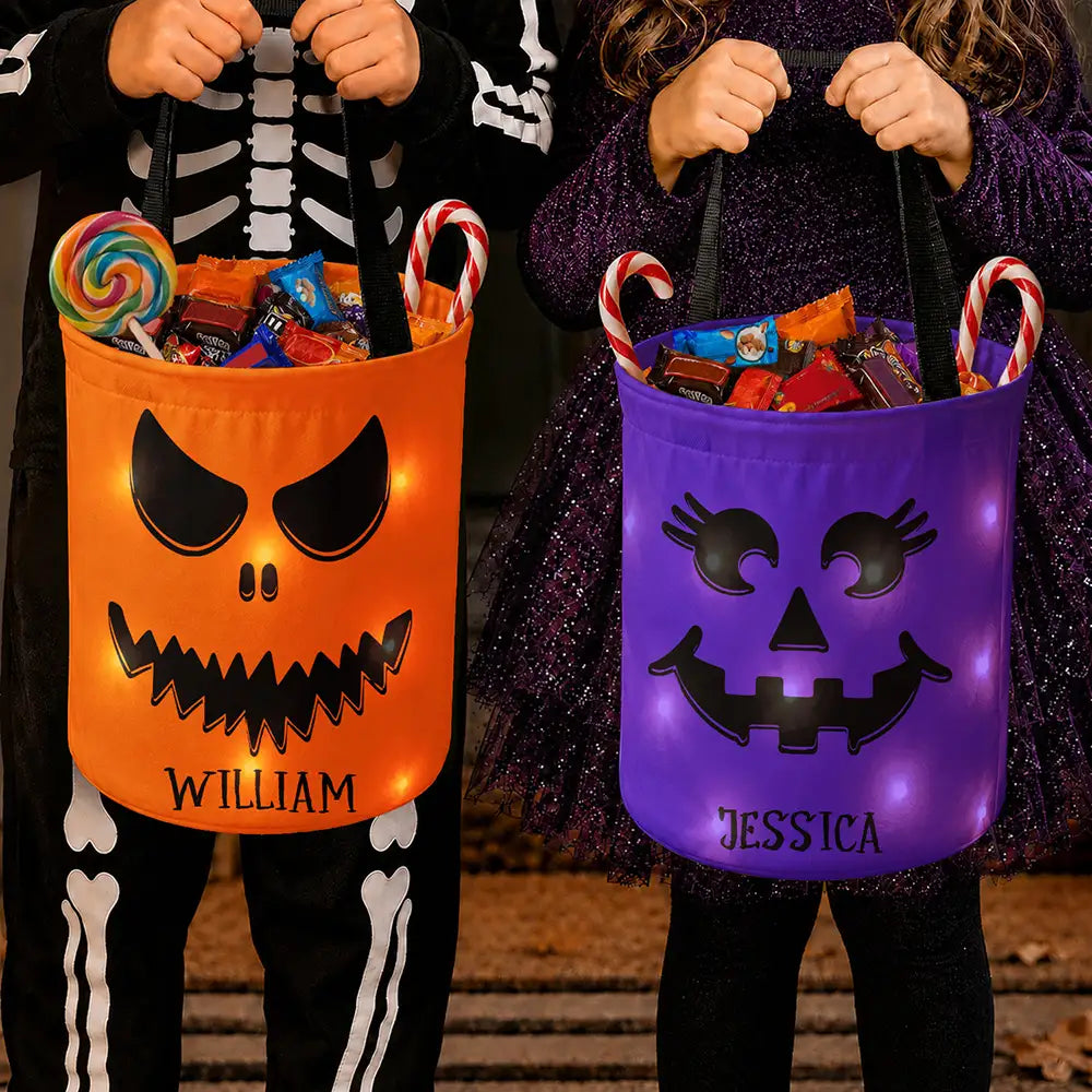 Candy Bag For Kids Scary Pumpkin Face Custom Name - Personalized Glowing Halloween Basket
