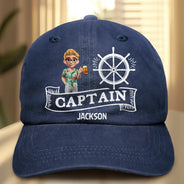 Gift For Boyfriend,Gift For Husband,Gift For Yourself,Happy,Gift For Men,Gift For Wife,Gift For Girlfriend,Gift For Women - Captain Boating - Personalized Vintage Washed Denim Cap