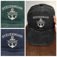 Pontoon, Confident, Gift For Men, Gift For Yourself, Outdoor Decor, Icon - Captain First Mate Sailing Boat - Personalized Vintage Washed Denim Cap