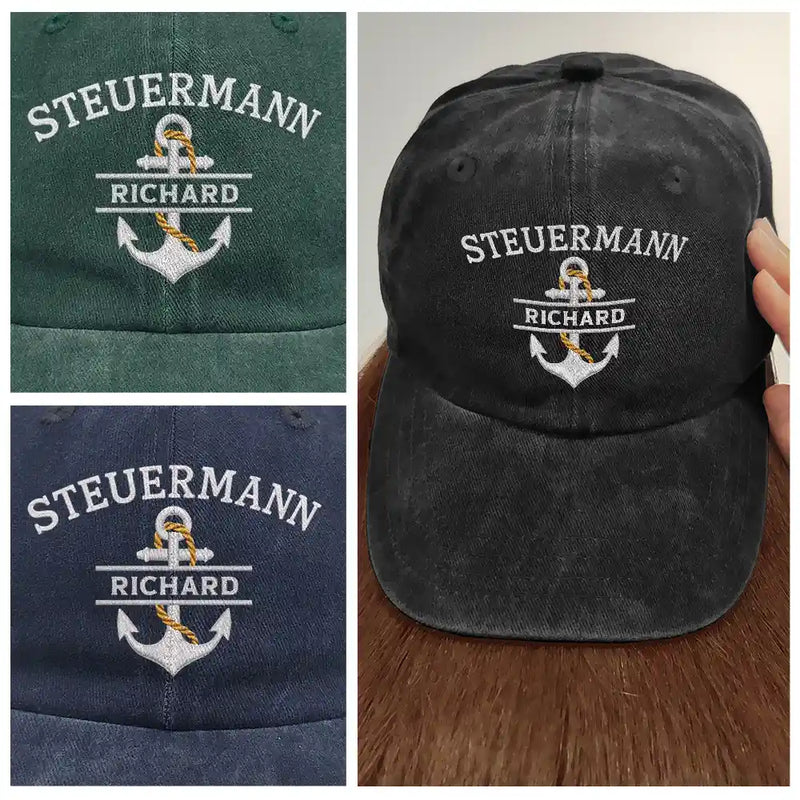 Pontoon, Confident, Gift For Men, Gift For Yourself, Outdoor Decor, Icon - Captain First Mate Sailing Boat - Personalized Vintage Washed Denim Cap