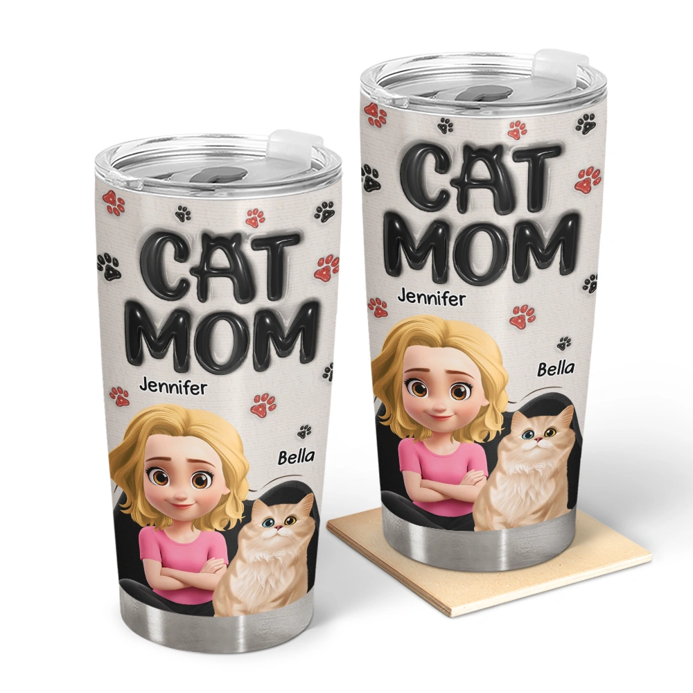 Pet Lovers, Pet Mom, Cat Lovers, Cat Mom, Happy - Cat Mom Cat Mum 3D Effect - Personalized Tumbler