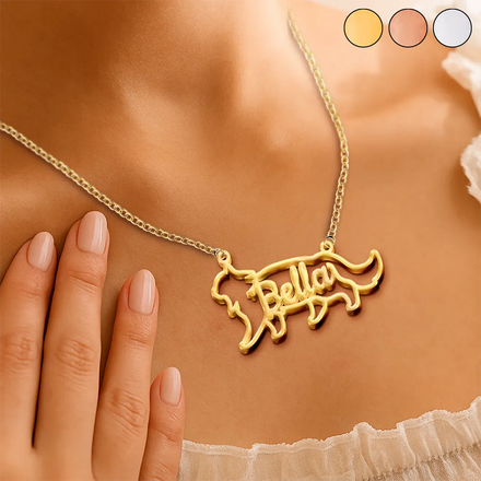 Cat Shaped Line Art With Custom Name - Personalized Letter Necklace