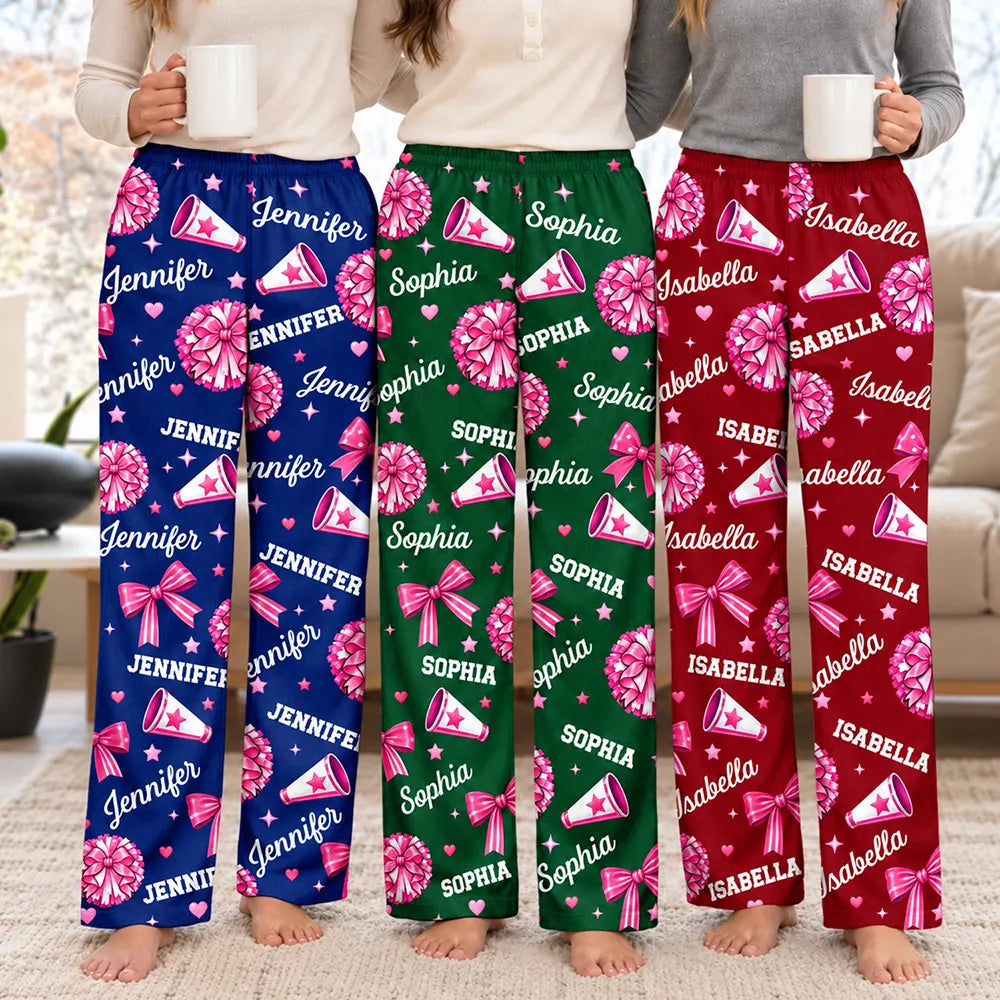 Cheer Gift For Teen Girls - Personalized Name Pink Bow Megaphone Pajama Pants