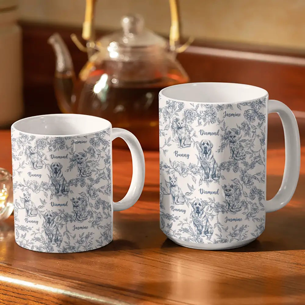 Dog Lovers,Cat Lovers,Pet Lovers,Happy - Chinoiserie Toile Dog Cat - Personalized White Edge-to-Edge Mug