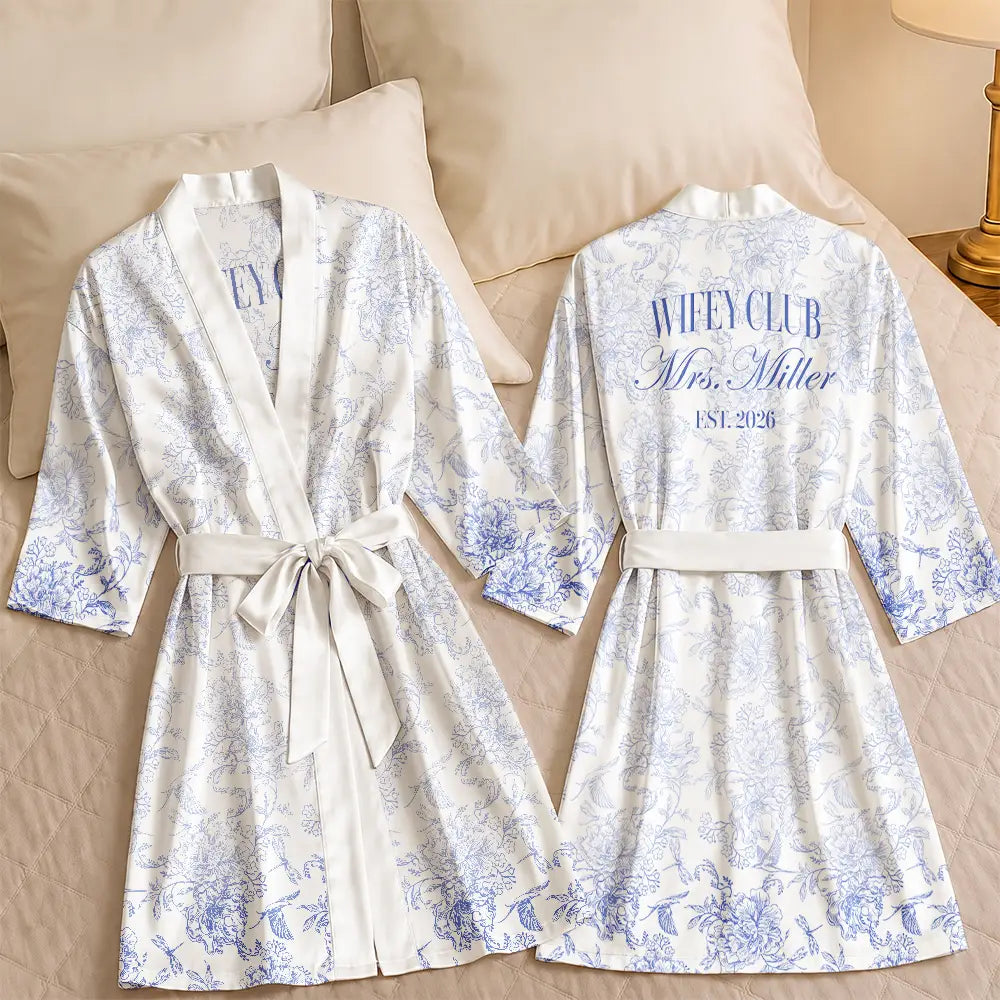 Gift For Wife, Gift For Couples, Wedding, Proud, Custom Text - Chinoiserie Toile Wifey - Personalized Satin Robe