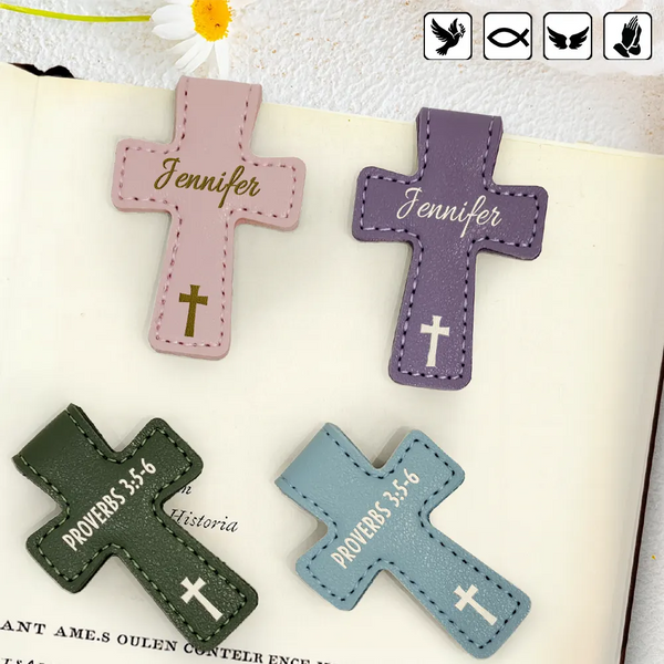 Christian, Reading, Gift For Yourself - Christian Symbol With Name Bible Verse Reference - Personalized Cross Leather Magnetic Bookmark