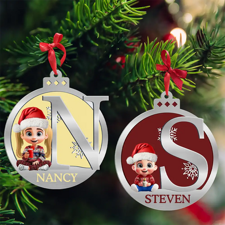 Christmas Ball Monogram Kid 3D Effect - Personalized Metal Ornament