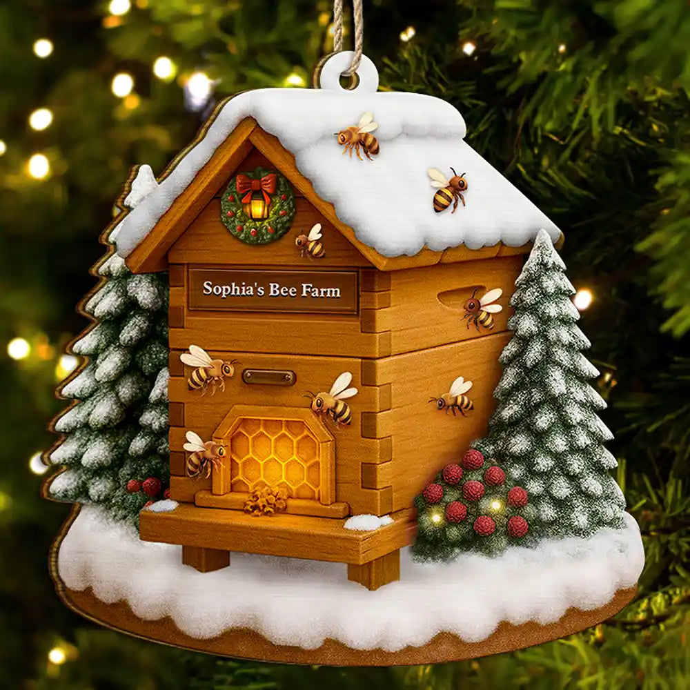 Gift For Yourself, Gift For Women, Gift For Men, Happy, Christmas - Christmas Bee Farm - Personalized Custom Shaped Wooden Ornament