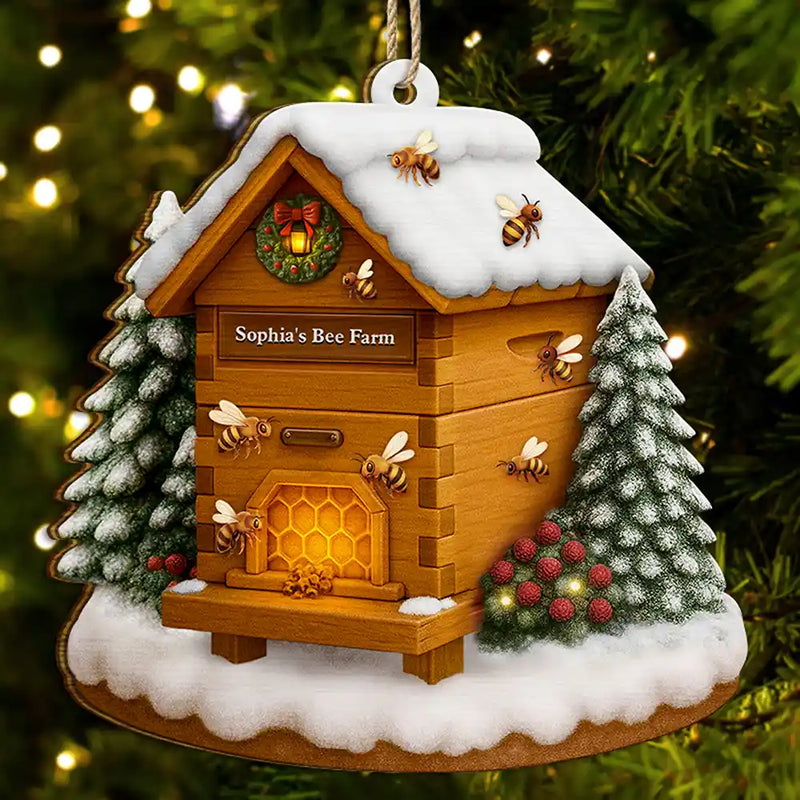 Gift For Yourself, Gift For Women, Gift For Men, Happy, Christmas - Christmas Bee Farm - Personalized Custom Shaped Wooden Ornament