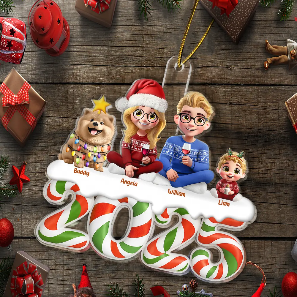 Family,Pet Lovers,Pet Mom,Pet Dad,Pet Couple,Dog Lovers,Dog Couple,Dog Mom,Dog Dad,Cat Lovers,Cat Mom,Cat Dad,Cat Couple,Happy,Christmas,Top Market - Christmas Candy 3D Effect Family Sitting - Personalized Custom Shaped Acrylic Ornament
