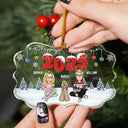 Christmas,Family,Dog Lovers,Cat Lovers,Pet Lovers,Parents,Happy - Christmas Cartoon Family Dog Cat - Personalized Medallion Glass Ornament