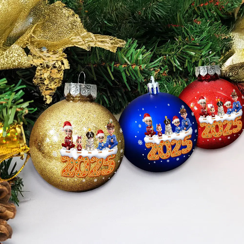 Family,Pet Lovers,Pet Mom,Pet Dad,Pet Couple,Dog Lovers,Dog Couple,Dog Mom,Dog Dad,Cat Lovers,Cat Mom,Cat Dad,Cat Couple,Happy,Christmas - Christmas Family Gingerbread 3D Effect - Personalized Ball Ornament