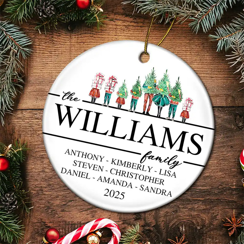 Family, Happy, Christmas - Christmas Family Members Holiday Shopping Watercolor - Personalized Circle Ceramic Ornament