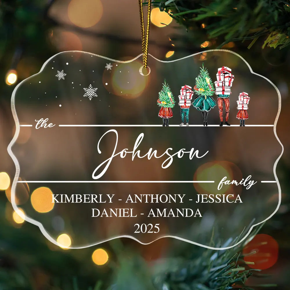 Family, Happy, Christmas - Christmas Family Members Holiday Shopping Watercolor - Personalized Medallion Acrylic Ornament