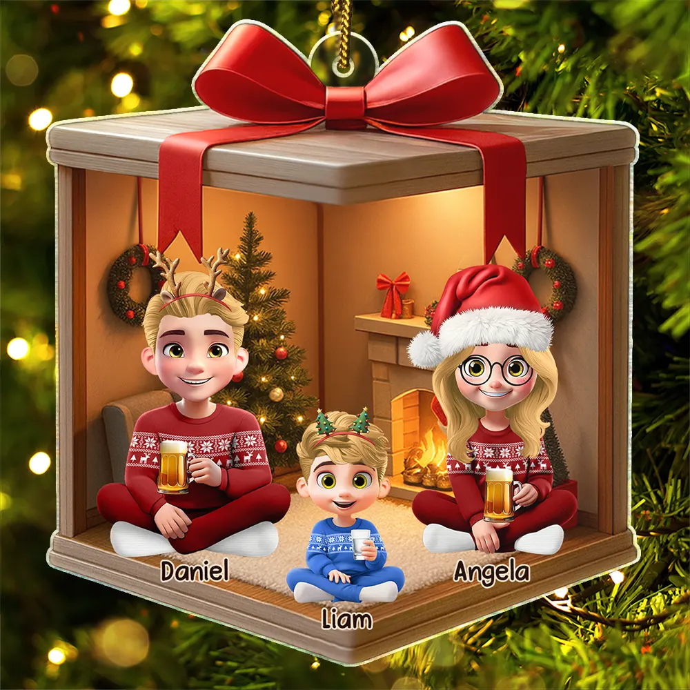 Family,Gift For Women,Gift For Men,Christmas,Happy,Dog Lovers,Dog Mom,Dog Dad,Dog Couple,Cat Lovers,Cat Mom,Cat Dad,Cat Couple,Pet Lovers,Pet Mom,Pet Dad,Pet Couple - Christmas Gift Box 3D Effect Family - Personalized Custom Shaped Acrylic Ornament