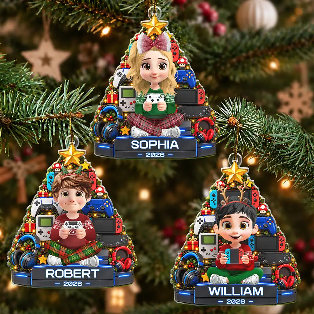 Christmas, Gaming, Gift For Kids, Happy, Vector - Christmas Gift For Kids - Personalized Gamers Christmas Tree Acrylic Ornament