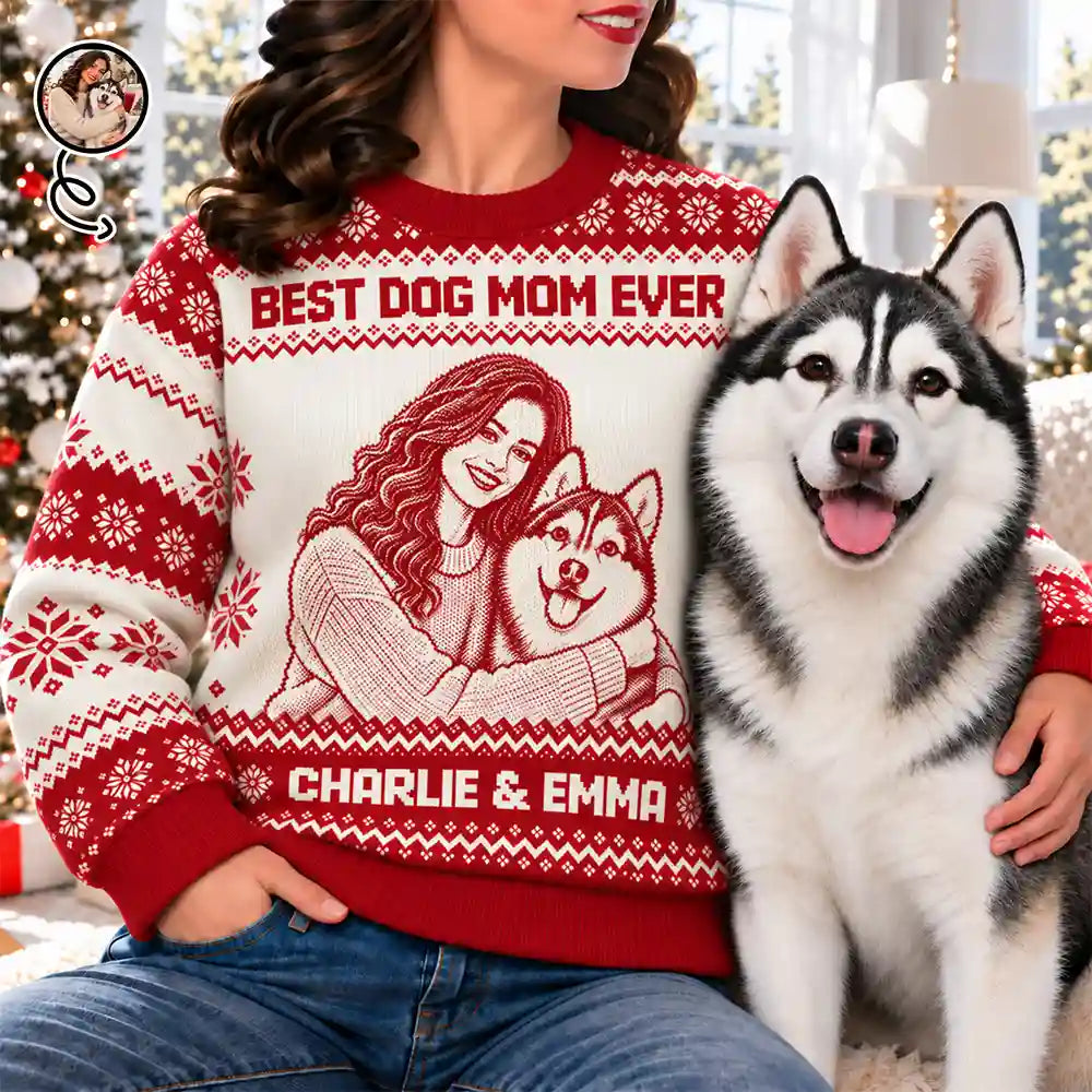 Christmas Gift For Pet Lovers - Personalized Custom Photo Best Dog Mom Ever Knit Line Art Unisex Ugly Sweater