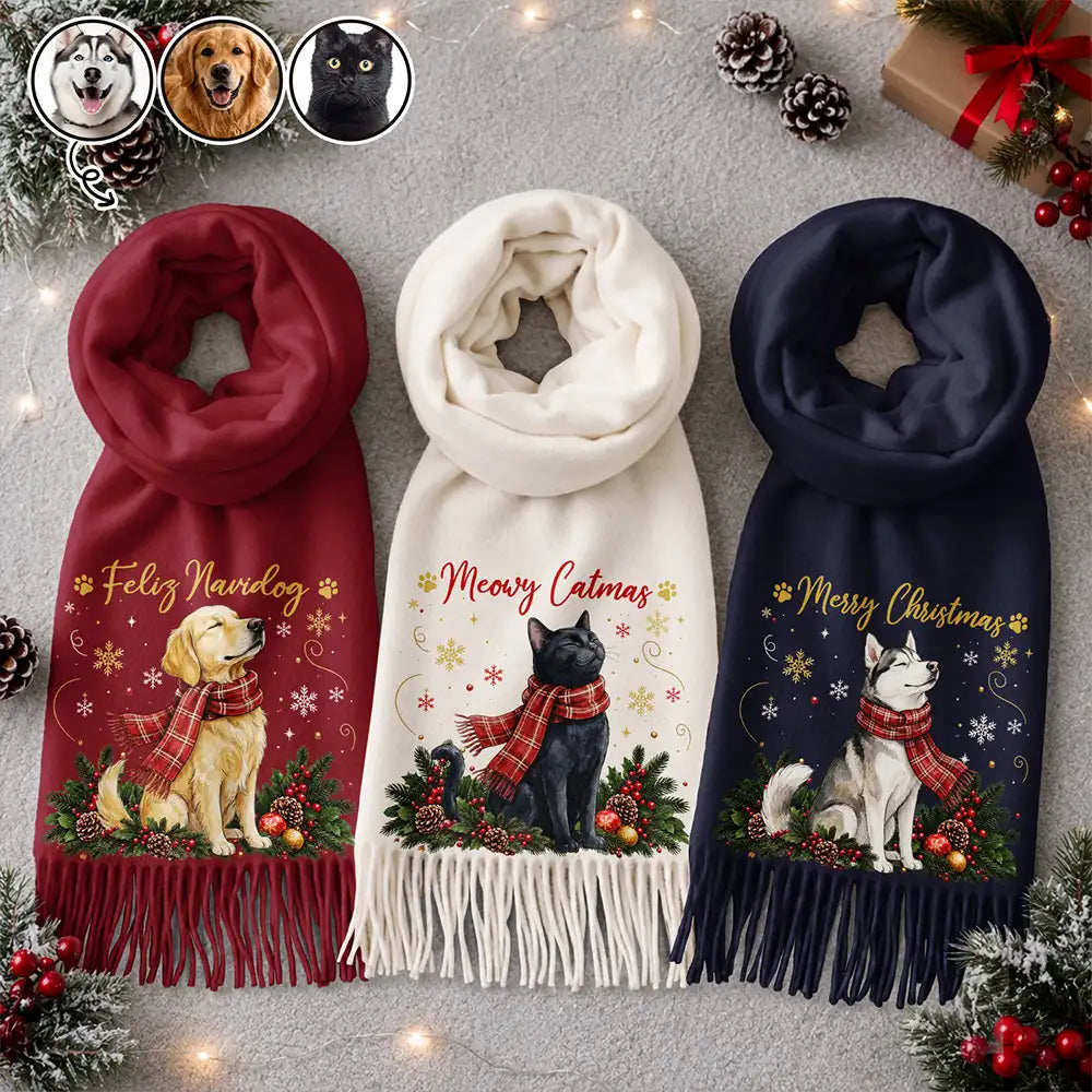 Christmas Gift For Pet Lovers - Personalized Custom Photo Watercolor Pet Portrait Tassel Scarf - Art Design,Christmas,Custom Photo,Pet Lovers,Photo - Pet With Fall Leaves,Playful