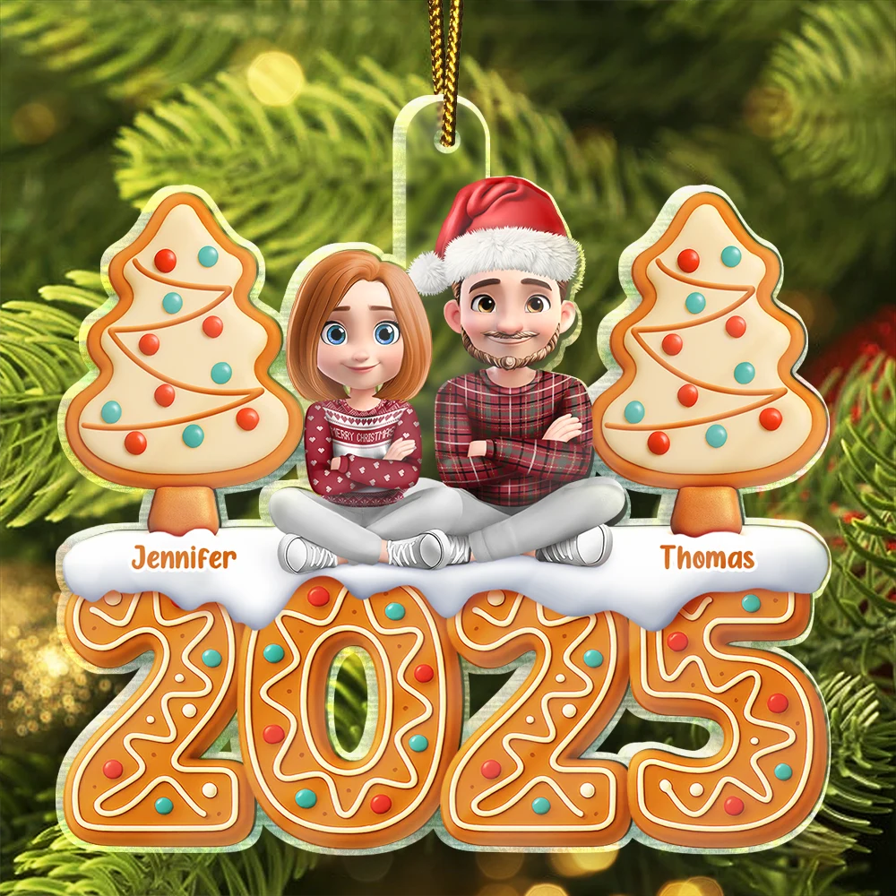 Gift For Couples, Happy, Christmas - Christmas Gingerbread 3D Effect Couple Sitting - Personalized Custom Shaped Acrylic Ornament