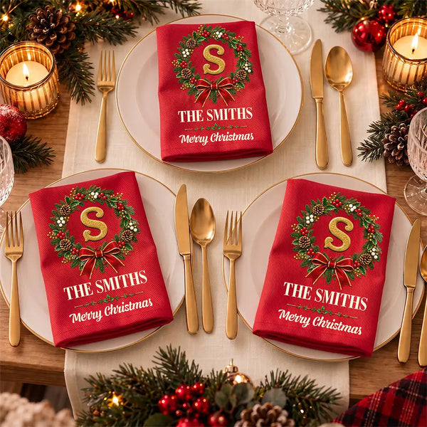 Christmas, Family, Icon, Sentimental, Top Market - Christmas Home Decor Gift For Family - Personalized Family Name & Monogram In Holly Wreath Reusable Napkin