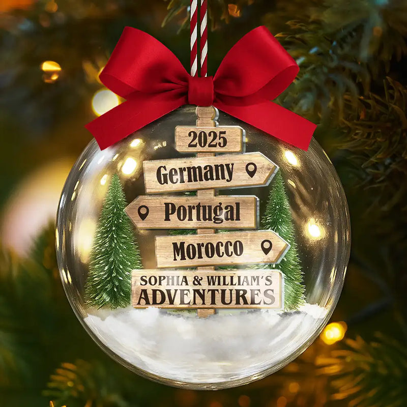 Christmas,Travel,Gift For Yourself,Gift For Couples,Happy - Christmas Ornament Travel Sign Post - Personalized 3D Acrylic Ball Ornament