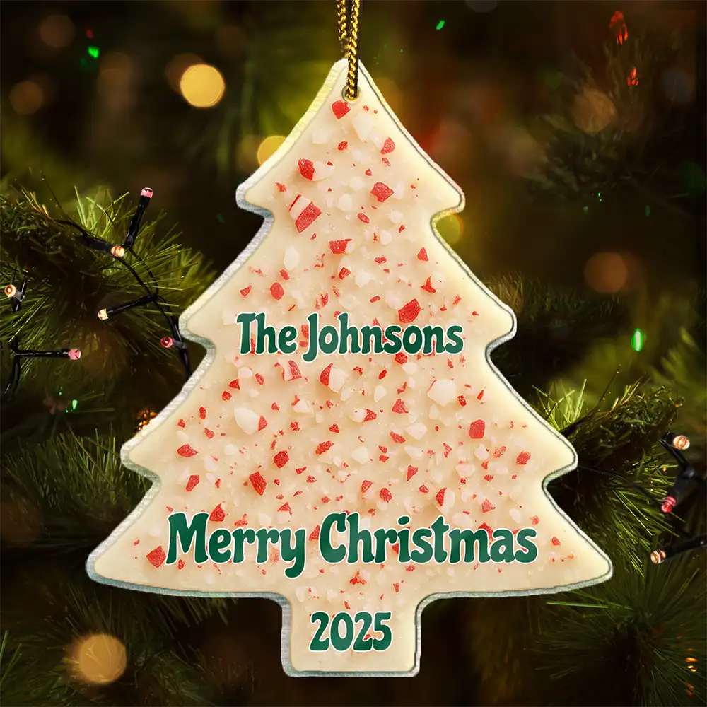 Family,Gift For Bestie,Happy,Christmas - Christmas Peppermint Bark Tree Custom Names - Personalized Custom Shaped Acrylic Ornament