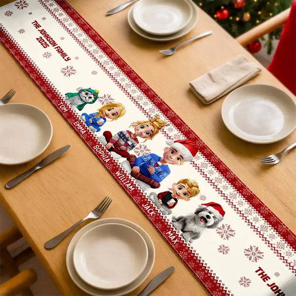 Family, Parents, Gift For Grandparents, Happy, Christmas - Christmas Sitting Family - Personalized Table Runner